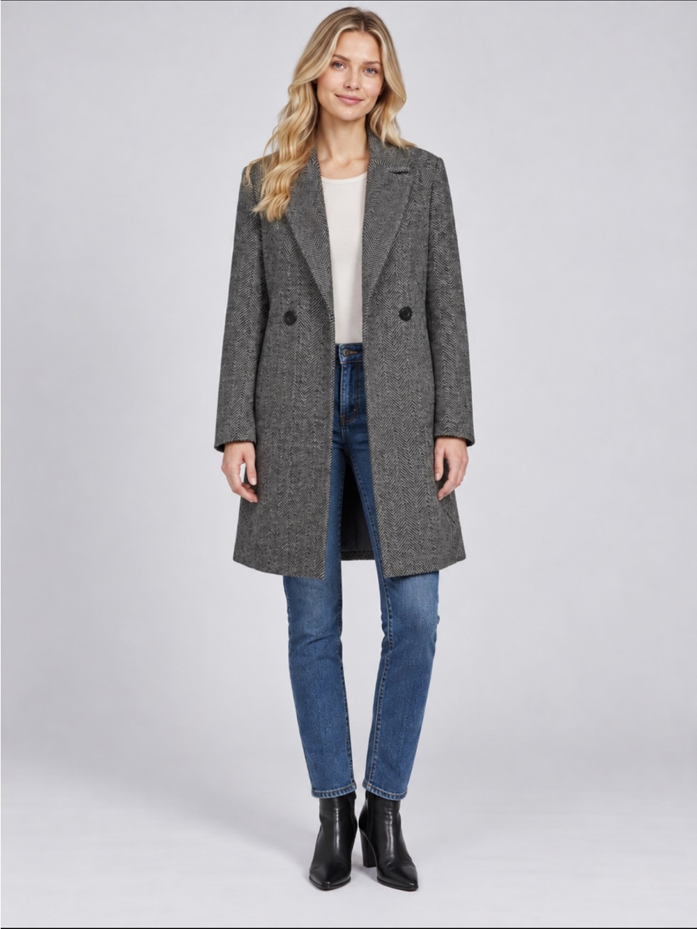 DKNY Women's Double Breasted Faux Wool Top Coat/Overcoat Grey/Black Herringbone - Picture 2 of 8